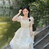 KYLETHOMASW  -  Summer Short Sleeve Chiffon Fairy Style Irregular Tierred Dress for Women Korean Cute Slim Fit Temperament Elegant Dress