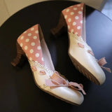 KYLETHOMASW  -  Vintage Chunky Heel Women Pumps Polka Dot Design Bow Detail Round Toe Mary Jane Shoes Comfortable Lightweight Dress Lolita Shoes