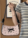 KYLETHOMASW  -  Korean Sweet Yarn Bow Underarm Bag Women's Pink Contrast Single Shoulder Crossbody Commuter Bags