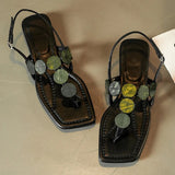 KYLETHOMASW  -  Women Beaded Clip Toe Flat Sandals Square Open Toe Ankle Buckle Strap Flip Flops Summer Beach Casual Dress Shoes