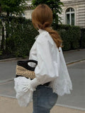 KYLETHOMASW  -  Women French Style White Blouse Lace Splicing Patchwork Shirt Elegant Flare Bell Sleeve Long Sleeve Casual Ladies Daily Tops