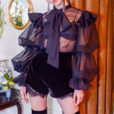 KYLETHOMASW  -  Women Ruffles Shoulder Lantern Sleeve Blouse Pullover Loose Tops Fashion Tie Bow Collar Perspective Shirt