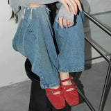 KYLETHOMASW  -  Women Rivet Decorated Ballet Flat Shoes with Bow Design Women Shoes with Square Toe Buckle Shallow Mouth Fashionable Loafers