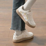 KYLETHOMASW  -  Retro Women Flower Embroidery Sneakers Beige Gum Sole Hook‑Loop & Lace‑Up Round Toe Cute Casual German Trainer Board Shoes