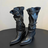 KYLETHOMASW  -  Women's Slouchy Knee High Boots Pointed Toe Buckle Straps Western Cowboy Style Chunky Heel Fashion Ruched Autumn/Winter Footwear