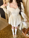 KYLETHOMASW  -  French Sweet Lace Spliced Princess Dress Autumn Long Sleeve Square Collar Beading Vestidos Elegant Retro Evening Party Clothing