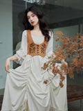 KYLETHOMASW  -  Palace Style Retro Set Women Brown Embroidered Vest+Irregular Drawstring Fashion Square Neck Elegant Dress High Quality Set Fall