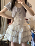 KYLETHOMASW  -  Sweet Lolita Kawaii Lavender White Lace Puff Sleeve 3 Piece Set Women Girls Bow Tiered Mini Cake Skirt Outfit Daily Party