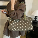 KYLETHOMASW  -  Korean Retro Polka Dot Shoulder Bag Metal Ring Decor Large Capacity Travel Tote Bag Fashion Casual Commuter Underarm Bags
