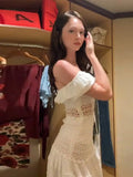 KYLETHOMASW  -  Women's White Off Shoulder Mini Dress Sweet Ruffle Tiered Crochet Waist Lace-up Gowns Summer Beach Dresses New Date Vestidos