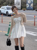 KYLETHOMASW  -  2025 New Korean Chic Summer Gentle Temperament Square Neck Cross Tie Waist Slimming Sleeveless Cake Vest Dress Women