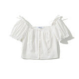KYLETHOMASW  -  Sexy White U Collar Metal Hook Buttons Short Puff Sleeve Shirt Women Tie Bow Shoulder Center Slim Crop Tops Black