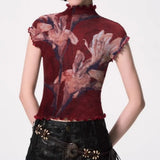 KYLETHOMASW  -  Y2K Exposed Navel Short Top Women Summer Half High Neck Lily Flower Print Short Sleeved Pleated Tight Fitting T Shirt