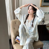 KYLETHOMASW  -  Sweet Princess Style Sleepwear Women Spring New Dyed Flower Long Sleeved Lace Up Two-piece Home Outfit