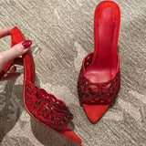 KYLETHOMASW  -  Women Elegant Red Suede Rhinestone Mule Sandals Hollow Cutout Point Toe Stiletto Slides Glitter Crystal Slip-On Heels