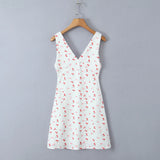 KYLETHOMASW  -  Sexy White With Red Cherry Print V neck Mini Tank Dress Women Slim Waist A-Lined Sleeveless Short Robe Holiday