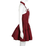 KYLETHOMASW  -  French Retro Red Bow Strap Neck Dress Waist Thin A Word Fluffy Suspender Short Skirt Spring