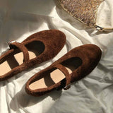 KYLETHOMASW  -  Leather Mary Janes Flats Shoes Women Cow Suede Buckle Strap Ballet Flats Shoes Ladies Spring Autumn Shallow Soft Casual Loafers