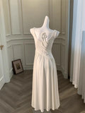KYLETHOMASW  -  Casual White Solid Long Dresses Fairycore Slash Neck Inclined Shoulder Vestidos Summer Lace-up Ruched Trumpet Womens Dress