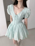 KYLETHOMASW  -  Women Clothing Dress Summer New French Elegant Style High-end Designed Niche Temperature Mint Green V-neck Puff Sleeve Dress