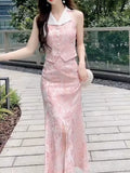 KYLETHOMASW  -  Summer Pink Tweed Two Piece Set for Women High End Elegant Style Sleeveless Top and Slim Fit Midi Skirt Flattering Outfit