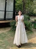 KYLETHOMASW  -  Summer French Style Dress for Women V Neck Short Sleeve Lace Trim Slim Fit Waist A Line Long Dress Elegant Flattering Design