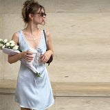 KYLETHOMASW  -  Woman Chic Casual Light Blue Satin Lace Mini Dress Sexy V-neck Tie Front Sleeveless Slip Dresses New Party Club Vestidos