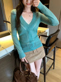 KYLETHOMASW  -  Korean V Neck Long Sleeve Solid Slim All Match Hollow Out Knitted Casual T-Shirts