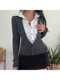 Kylethomasw  -  Woman Long Sleeve Fall Lapel Collar T-Shirts Knit Crochet Patchwork Top Single Breasted Tees Fake Two Pieces Classical Chic Ins