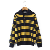 KYLETHOMASW  -  American Retro Lapel Collar Knitted Sweater For Women Long Sleeve Casual Loose Autumn Striped Pullovers