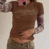 KYLETHOMASW  -  style leopard print patchwork long sleeved top with round neck and letter print for slimming effect, two fake T-shirts for women