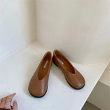 KYLETHOMASW  -  Retro Round Toe Loafers Women Solid Leather Flats Shallow V-Open Boat Mocasines Femmes Comfy Slip On Daily Walking Shoes Ladies