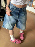KYLETHOMASW  -  Y2k Aesthetic Bermuda Denim Shorts 90s Vintage Low Rise Wide Leg Knee Length Carpenter Jean Shorts Women Baggy Jeans Shorts