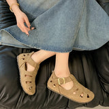 KYLETHOMASW  -  ONG Genuine Leather Hollow out Flat Roman Sandals Versatile Casual Cage oes mid Heel round Toe Summer Faion Women's oes