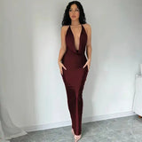 KYLETHOMASW  -  Women's Satin Red Halter Maxi Dress Deep V Neck Backless Bodycon Party Evening Gown