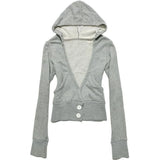 KYLETHOMASW  -  Women's Y2K grey hooded pullover sweater slim V-neck double-buttoned long sleeves retro casual coat unique design Autumn punk
