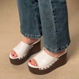KYLETHOMASW  -  Brown Crocodile Print Platform Wedge Slippers Woman Summer Open Toe Gold Studs High Heel Sandals Outer Beach Shoes