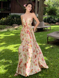 KYLETHOMASW  -  Elegant Floral Print Long Dresses for Women Sexy Backless Lace-up Party Dress Summer Holiday Beach Pleated A-line Vestidos Robe