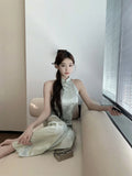 KYLETHOMASW  -  New Chinese Style 2 Piece Set Women's Summer Sleeveless Cheongsam Top Wide Leg Pants Elegant Outfit
