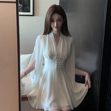 KYLETHOMASW  -  Women Dress Spring Summer French Style New Style Fashion V Neck High Waist Mini Chic Dress Elegant Long Sleeve Shirring Dresses