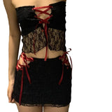 Kylethomasw  Sexy Skirt Sets Black See Through Lace Mesh Outfit Women Y2k Two Piece Set Hollow Lace Up Tube Top Mini Skirt