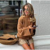 KYLETHOMASW  -  Solid V Neck Single Breasted Knit Cardigan Pocket Front Drop Shoulder 2025 Autumn Casual Women Coat Daily Cozy Chic Lady Sweater