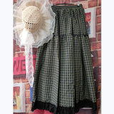 KYLETHOMASW  -  Vintage Sweet Kawaii Mori Girl Style Plaid Long Skirt Women Spring Summer High Waist A-Line Ruffled Loose Aesthetic Maxi Skirt
