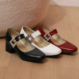 KYLETHOMASW  -  Plus Size 48 Women Patent Leather Mary Jane Shoes Sparkly Crystal Rhinestone Burgundy White Block Heel Pumps Party Shoe