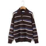 KYLETHOMASW  -  American Retro Lapel Collar Knitted Sweater For Women Long Sleeve Casual Loose Autumn Striped Pullovers