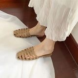 KYLETHOMASW  -  Shoes Slippers Soft Slides Slipers Women Cover Toe Low Loafers Fretwork Heels Comfort 2025 Flat Basic Fabric Rubber Cane PU
