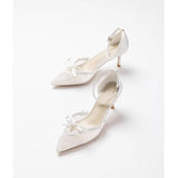 KYLETHOMASW  -  Spring and summer new pointed hollow lace bow low-heeled wedding shoes thin high-heeled banquet dress small size women's sandals