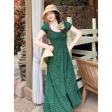 KYLETHOMASW  -  Green Floral Print Long Dresses Spring Summer French Style Vintage Women Dress Elegant Fashion Spring Summer Vestidos Mujer