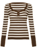 KYLETHOMASW  -  Sweet Slim Casual U Neck Long Sleeve Striped Contrast Color Pullover Knitted Pullovers