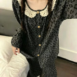 KYLETHOMASW  -  Leopard Print Women 2Pcs Home Outfit,Autumn Winter Lace Ruffle Crew Neck Long Sleeve Sleepwear Soft Casual Ladies Loungewear